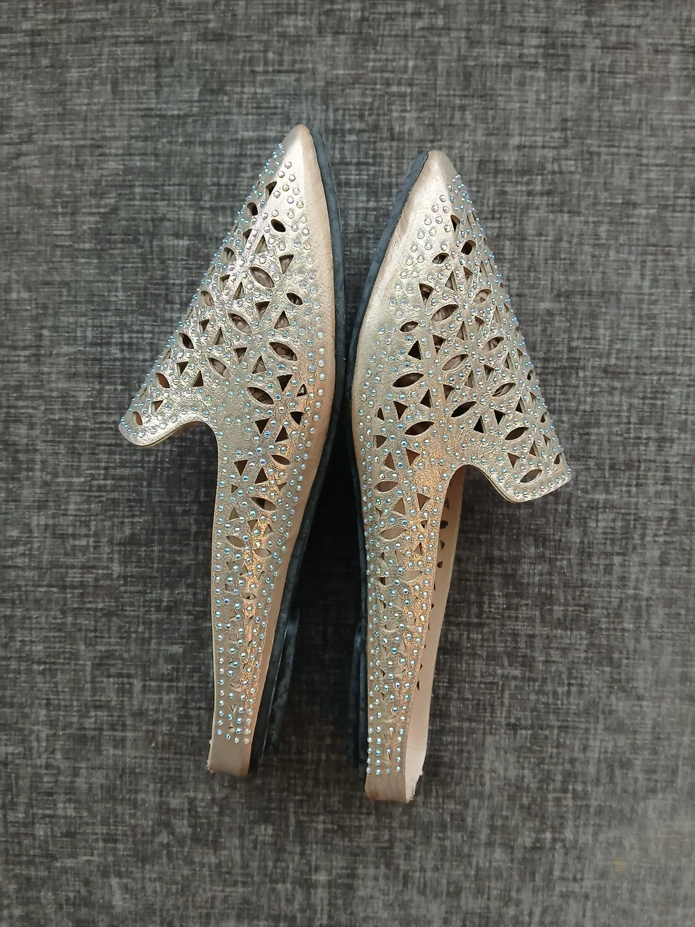 Laser-Cut Embellished Slip-On Flats in Champagne